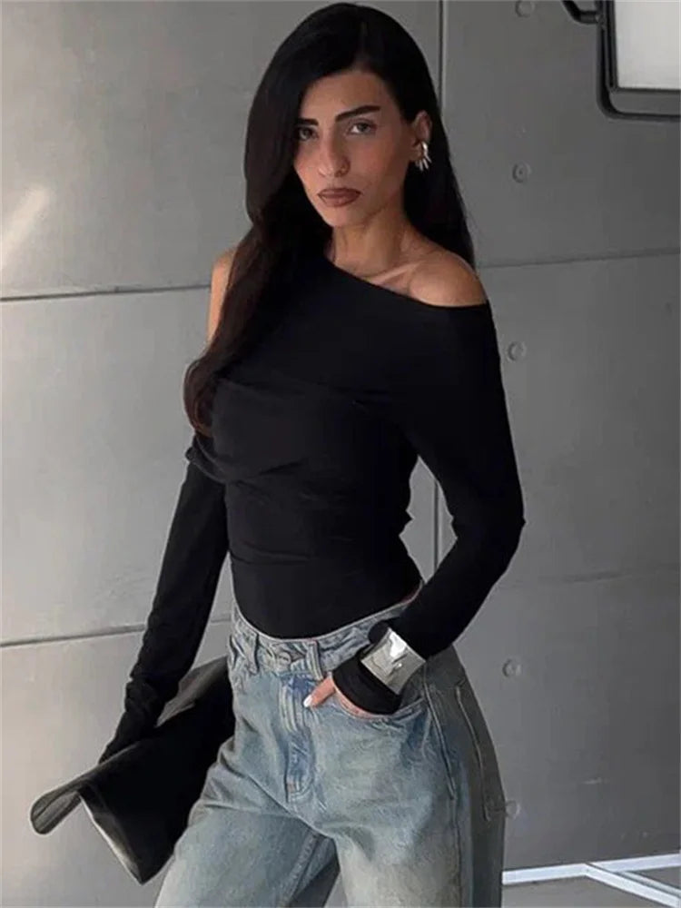 Black Off-shoulder Long Sleeve T-shirt for High Waist Autumn Slim Pullover Top Y2k Tee Top