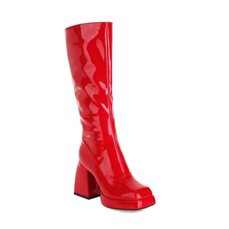 Mint Green White Patent Leather Knee High Boots Square High Heels Waterproof Platform Party Fetish Shoes 42 43