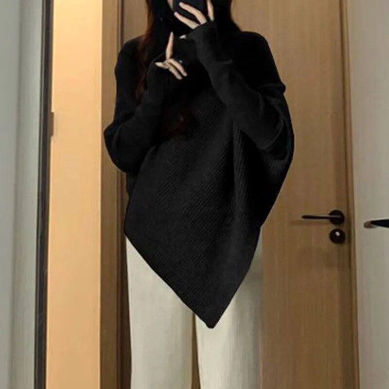 Winter Turtlenecks Korean Irregular Knitted Sweater Female Warm Color Pullovers Lady Loose Long Sleeve Jumper Fc8510