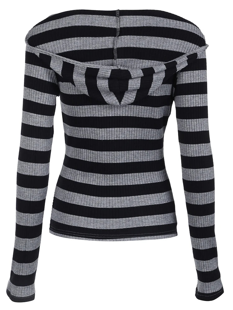 Black Dark Gray Stripe Hooded T-shirt V Neck Slim Long Sleeve Basic Spring Autumn Ribbed Top Preppy Tee
