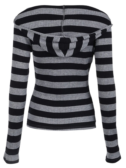 Black Dark Gray Stripe Hooded T-shirt V Neck Slim Long Sleeve Basic Spring Autumn Ribbed Top Preppy Tee
