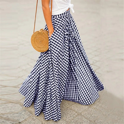 Y2k New Skirts Plaid Check Elastic Waist Long Skirts Zipper Pleated Pockets Skirts