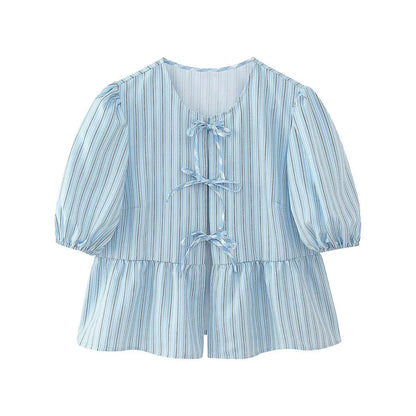 Summer Printed Cropped Shirts Top Puff Short Sleeves Round Neck Blouse Female Laceup Tshrit