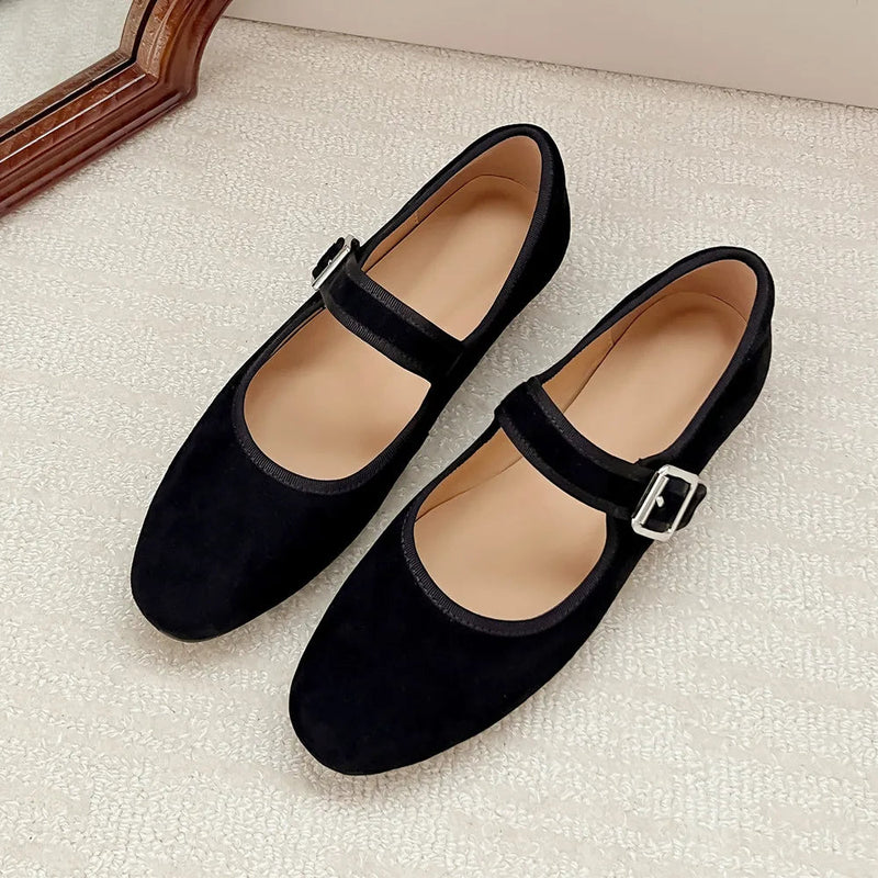 Flats Spring Summer Round Toe Genuine Leather Buckle Strap Mary Janes Office Lady Working Shoes Woman Concise