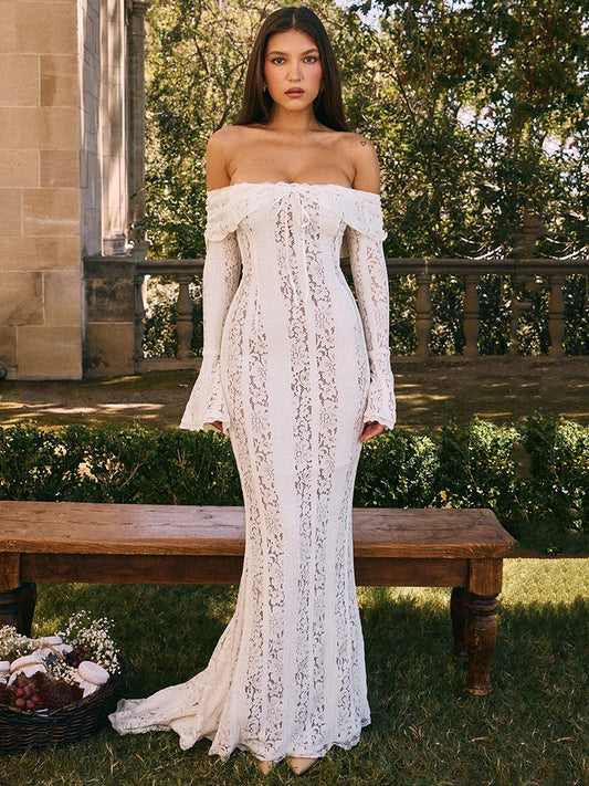Lace Off-shoulder Maxi Dress for White Strapless Backless Long Sleeve Bodycon Club Party Long Dress