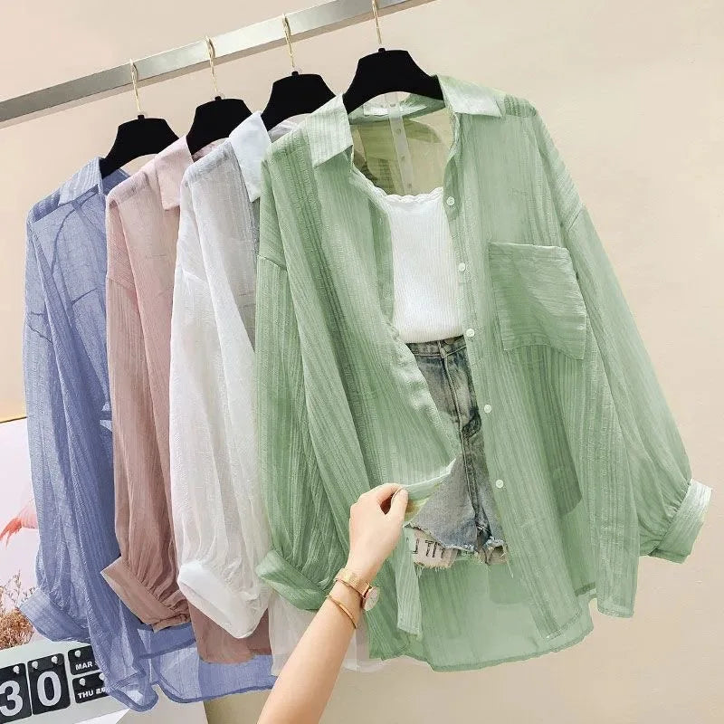 Long Sleeve Perspective Sheer Sunscreen Chiffon Blouse Korean Loose Shirt Summer Beach Cardigans