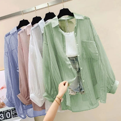 Long Sleeve Perspective Sheer Sunscreen Chiffon Blouse Korean Loose Shirt Summer Beach Cardigans