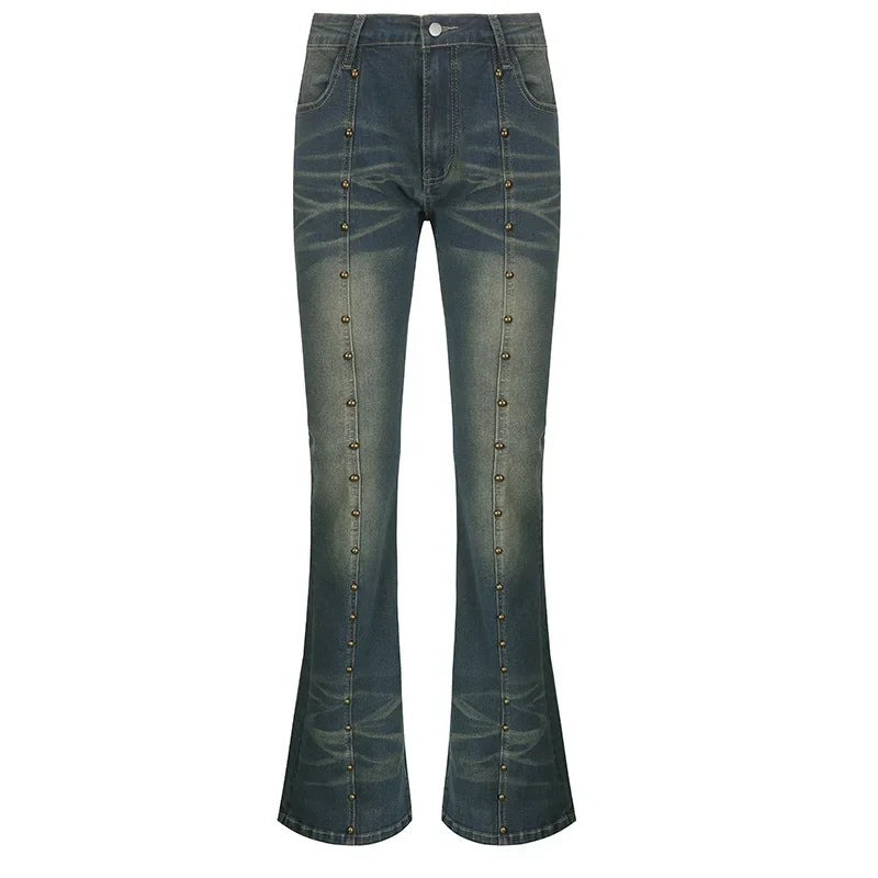 Distressed Y2k Flared Jeans Low Rise Rivet Stitching Cargo Pants 90s Grunge Denim Trousers New