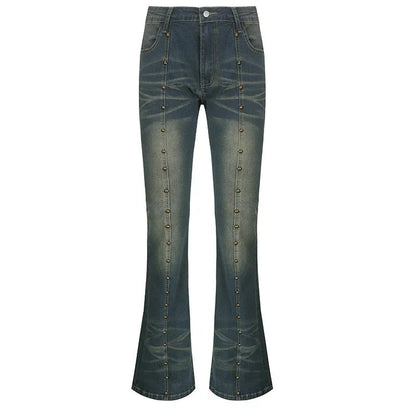 Distressed Y2k Flared Jeans Low Rise Rivet Stitching Cargo Pants 90s Grunge Denim Trousers New