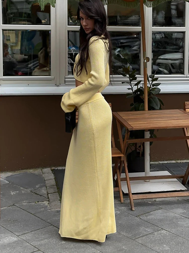 Knitted Lace Up 2pcs Set With Skirt Long Sleeve Waist Exposed Cardigan Slit Long Skirts Autumn New Matching Sets