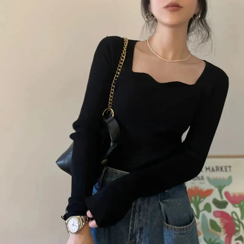Knitted Pullovers Sweaters Autumn Winter Korean Slim Knitwear Square Collar All Match Jumpers New