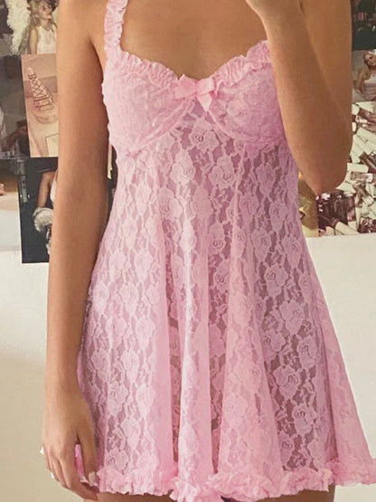 Y2k Aesthetic Lace Dress Pink Sleeveless a Line Lolita Japanese Mini Dresses Beach Party Outfit Kawaii Clothes Hot 90s