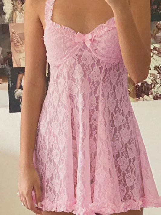 Y2k Aesthetic Lace Dress Pink Sleeveless a Line Lolita Japanese Mini Dresses Beach Party Outfit Kawaii Clothes Hot 90s