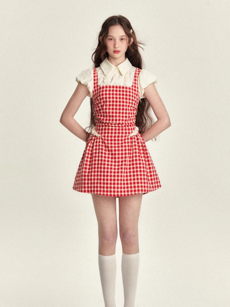 Summer Y2k Coquette Plaid Shirt Dress Preppy Style Sweet Short Party Dress Japanese Mini Dress New