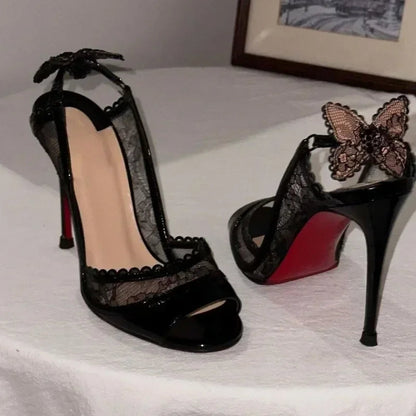 Cutout Lace Bowknot Pumps Summer Peep Toe Slingback Sandals Thin High Heels Black Patent Leather Party Wedding Shoes