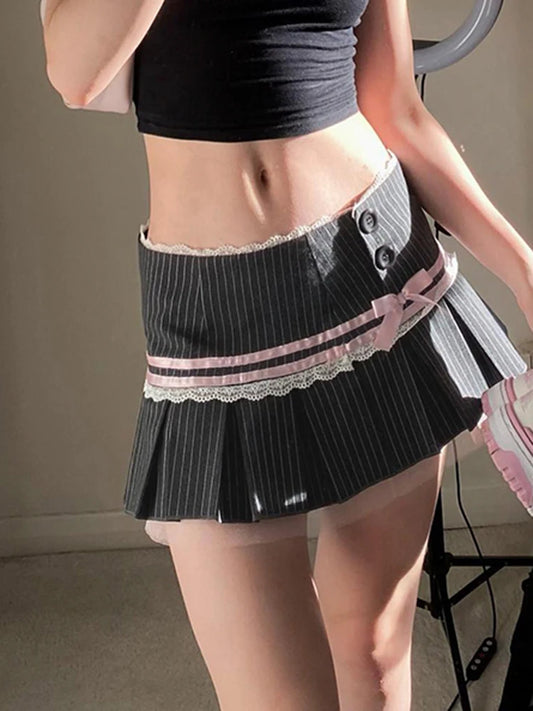Contrast Lace Bow Stripe Y2k Mini Pleated Skirt Button Up Low Waist a Line Kawaii Sweet Ballet Preppy Skirts