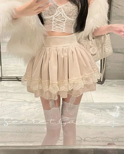 Korean Retro Japanese Style Lace Patchwork Low Waist Cake Mini Skirt Skirt