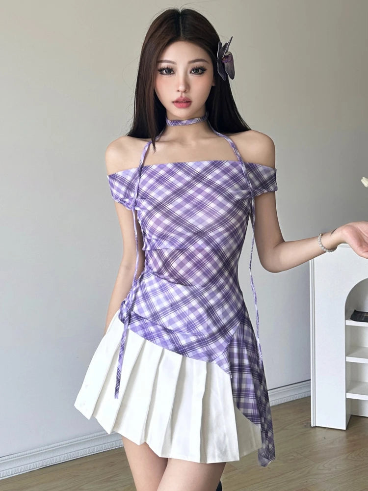 Y2k Aesthetic Sleeveless Plaid Blouse Summer Laceup Shirts Japanese Sweet Irregular Tees