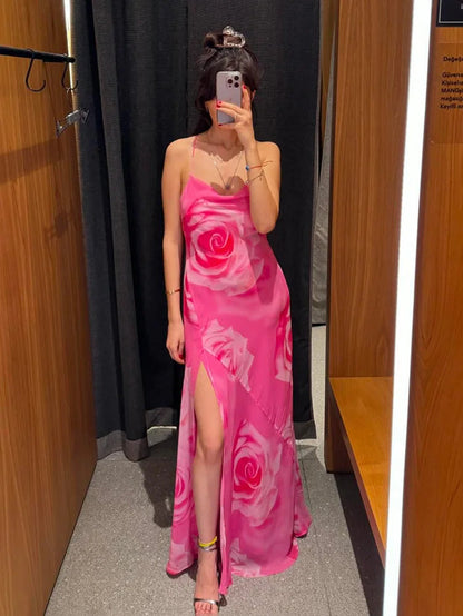 Summer Slip Maxi Dress Printed Slim Party Long Dresses Female Slim Backless High Slit Dress