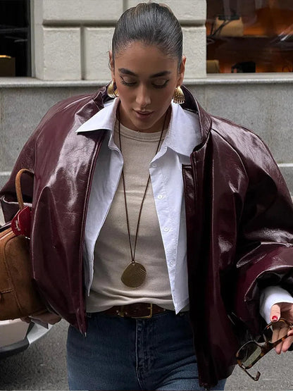 Lady Retro Color Stand Up Collar Pilot Jacket New Long Sleeved Zipper Jackets High Street Commuter Coat