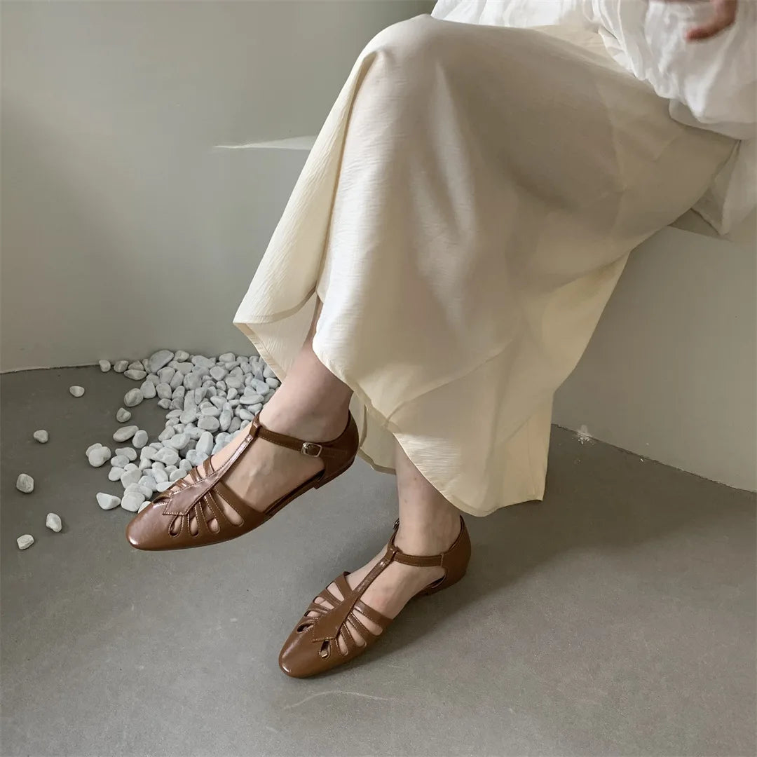 Tstrap Rome Flat Sandals Hollow Out Summer Mary Janes Shoes Pu Leather Holiday Gladiator Sandals