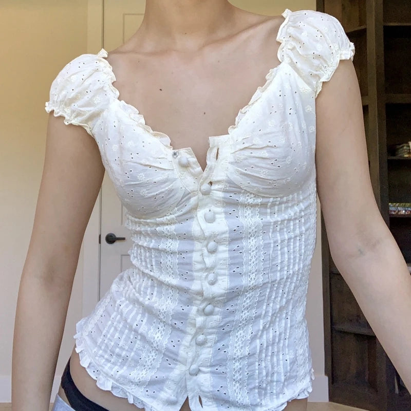 90s French T-shirt Fairy Grunge Kawaii Button Frill V Neck Pullovers Tee Y2k Aesthetic White Crop Top Retro