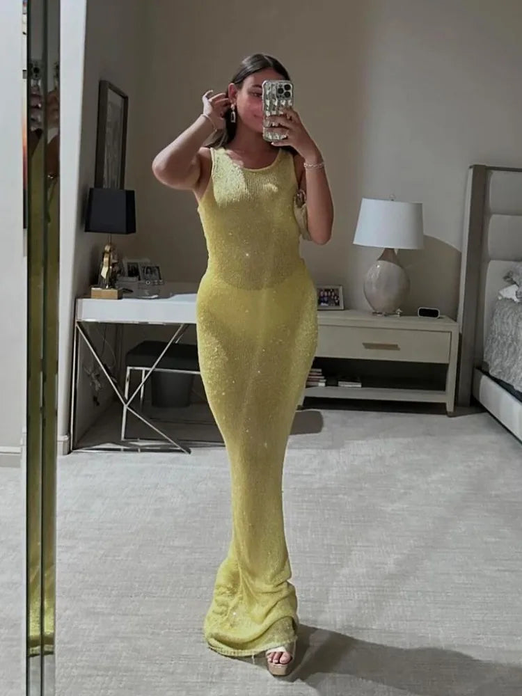 Sequin Slim Maxi Dress Female Backless Glitter See-through Patchwork Autumn ’s Long Club Party Dresses Vestido