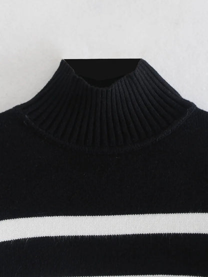 Winter Black and White Stripe Sweater Loose Pullover Jumper Tops Female Long Sleeve Turtleneck Knitted Sweaters
