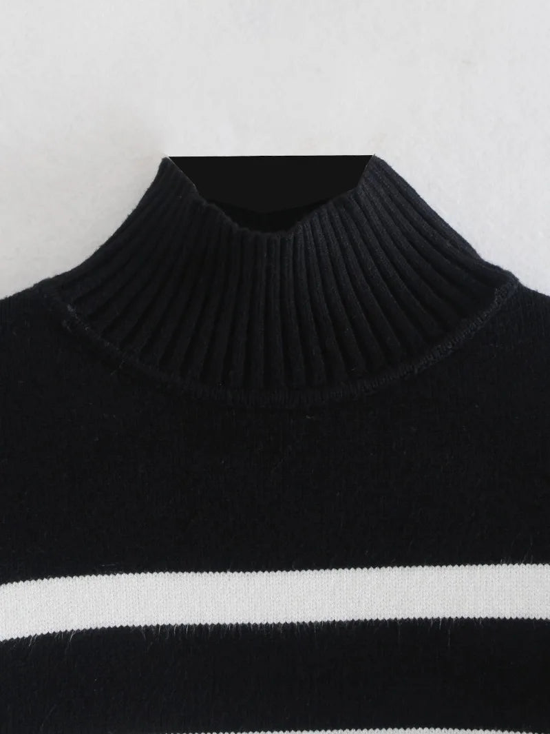 Winter Black and White Stripe Sweater Loose Pullover Jumper Tops Female Long Sleeve Turtleneck Knitted Sweaters