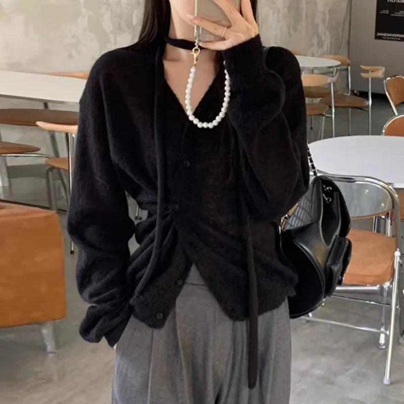 Vneck Singlebreasted Pleated Longsleeved Cardigan Autumn New High Street Pleated Laceup Color Tops