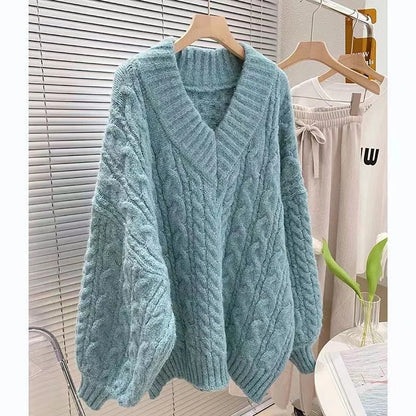 Oversized Sweater Preppy Pink V Neck Knitted Pullovers Harajuku Korean Long Sleeve Knitwear Winter Jumpers