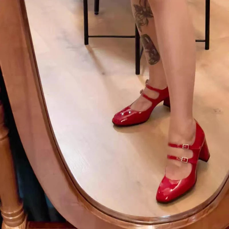 New Patent Leather Square Toe Pumps Mary Jane Shoes Buckle High Heels Woman Shoes Party Dress Shoes Zapatos De Mujer