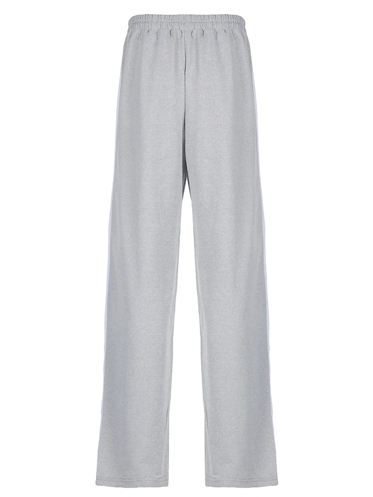 Gray Drawstring Elastic High Waist Sweatpants Side Stripe Contrast Patchwork Black Loose Jogging Track Pants