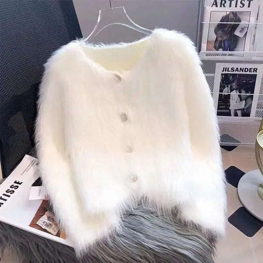 Cropped White Knitted Cardigan Korean Mink Cashmere Sweater Outerwear Black Long Sleeve Knitwear Winter Jumpers New