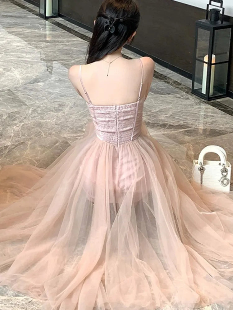 Sweet Printcess Midi Dress for Spaghetti Strap Fairy Birthday Party Dress Summer Ball Gown Korean Female Vestidos
