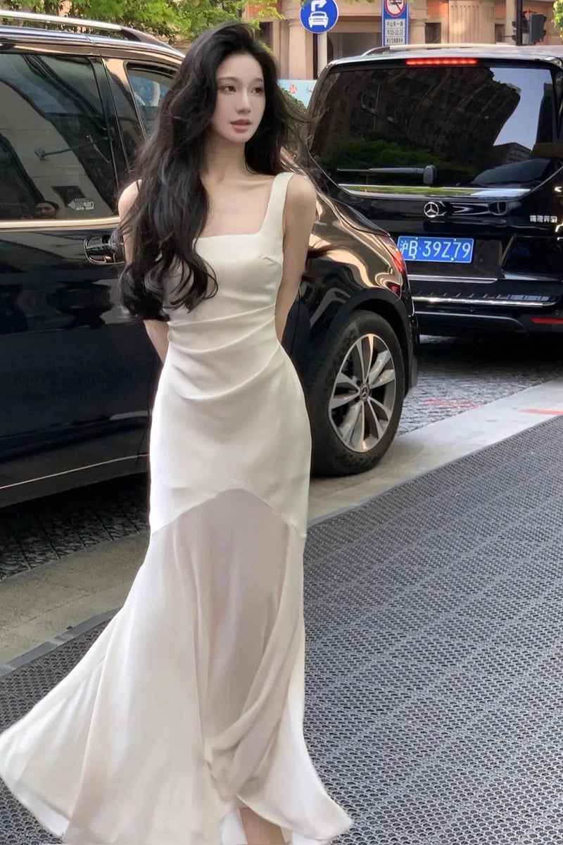 Party Prom Midi Dress Summer Irregular Mesh Straps Princess Vestidos Slim Ruched Mermaid Dress