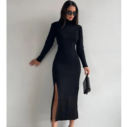 Kylethomasw Slim Fit Split Knit Dress Woman Winter Long Sleeve Sweater Dress Officelady Dress Robes