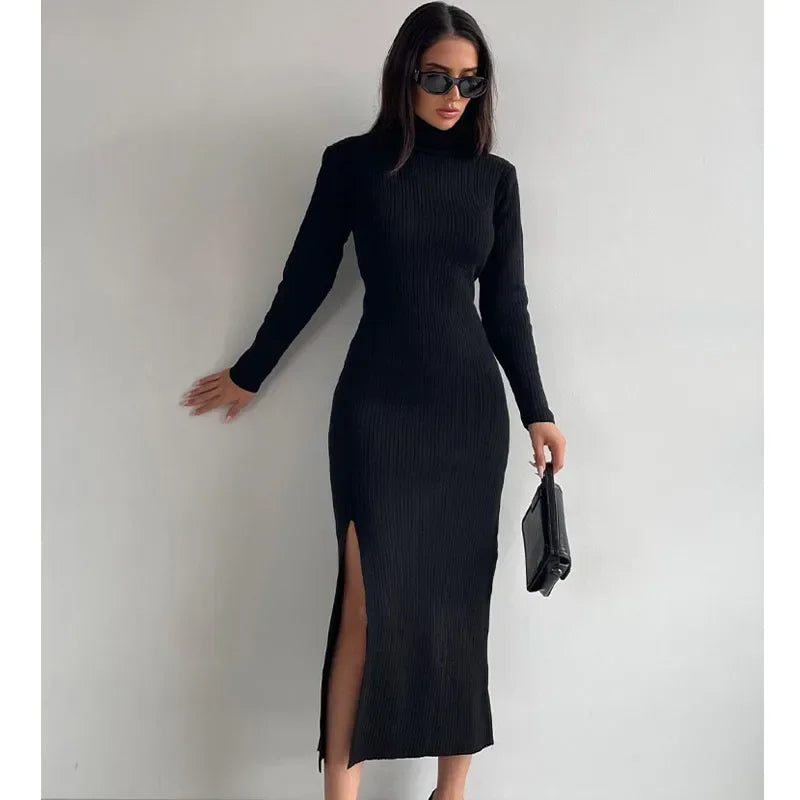 Kylethomasw Slim Fit Split Knit Dress Woman Winter Long Sleeve Sweater Dress Officelady Dress Robes
