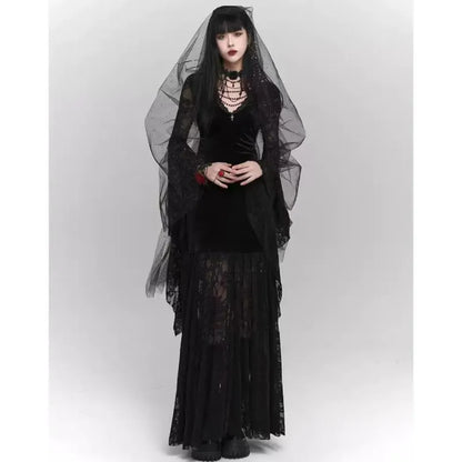Gothic Black Midi Dresses V-neck Irregular Flrae Sleeve Y2k Lace Bandage Dark Style Harajuku Clothing New