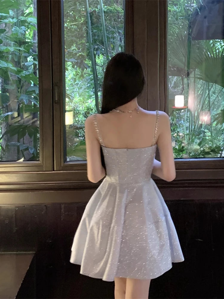 Shiny Dinner Party Dresses Aline Bows Sweet Spring Summer Mini Dress Korean Vestidos Mujer