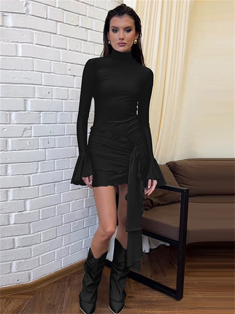 Skinny Ruffled Mini Dress Female Long Sleeve Turtleneck Slim Tassel Party Dress Autumn ’s Dress