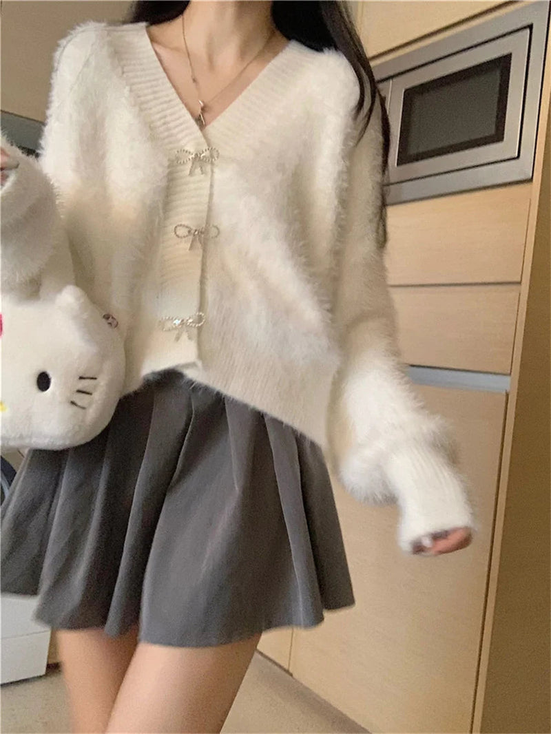 Bow Outwear Coats Soft Winter Faux Mink Hair Office Lady Warm Slim Sweaters