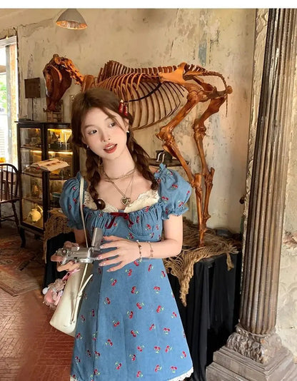 French Printing Mini Dress Japan Sweet Lace Summer One Piece Dress Fairy Evening Party Denim Dresses