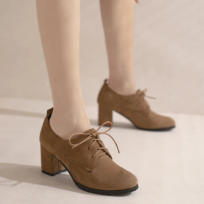 Spring New Retro Pumps Classics Flock Lace Up Office Round Toe Block High Heel Shoes Female Size 3343 Black Brown