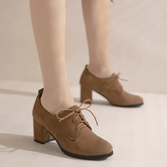 Spring New Retro Pumps Classics Flock Lace Up Office Round Toe Block High Heel Shoes Female Size 3343 Black Brown