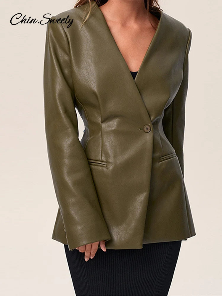 Street ’s Leather Jackets Green Pleat V-neck One Button Full Sleeve Pockets Waist Up Coat Spring Y2k Lady