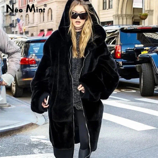 Winter Runaway Brand Long Faux Fur Coat Jacket Zip Hooded Thick Warm Fake Rabbit Fur Plush Overcoats