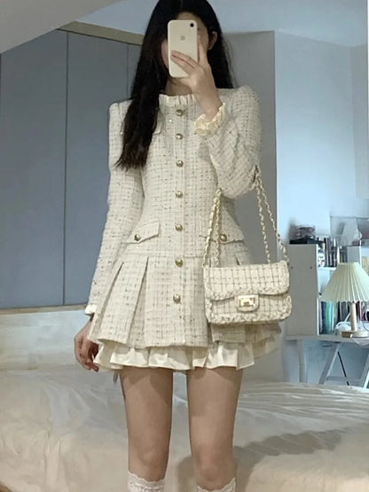 French Coat Dresses for Long Sleeve O-neck Ruffles A-line Short Dress Autumn Spring Korean Vestidos Mujer New