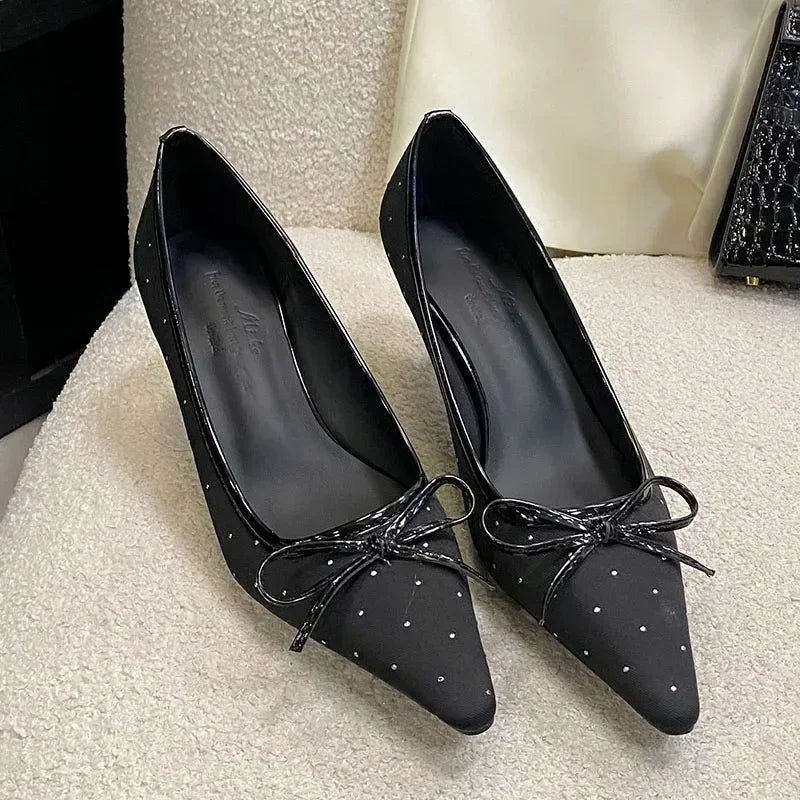 Rhinestone Bow Decoration Pumps Pointed Toe Satin Thin High Heels Banquet Shoes Mules Loafers