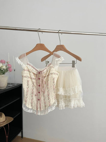 2000s Japanese Kawaii Suits Lolita 2 Piece Skirt Set Even Party Clothing Y2k Crop Top Blouse + Slim Skirts